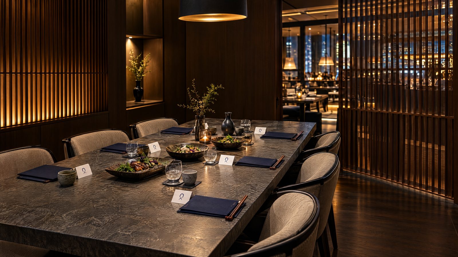 A private dining room set for eight, with place cards and navy menu cards