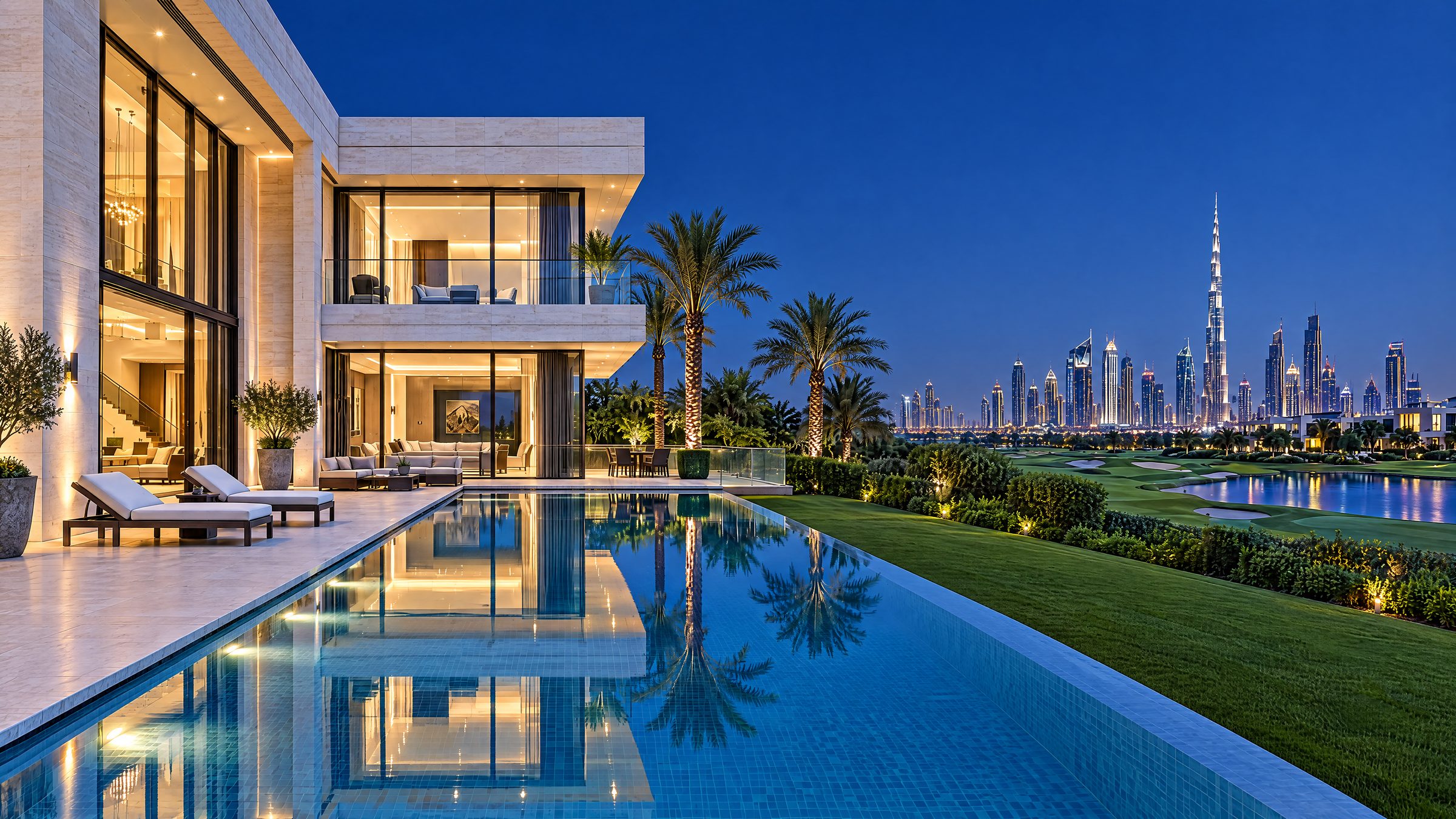 A contemporary villa on the golf course at blue hour, Dubai skyline in the distance